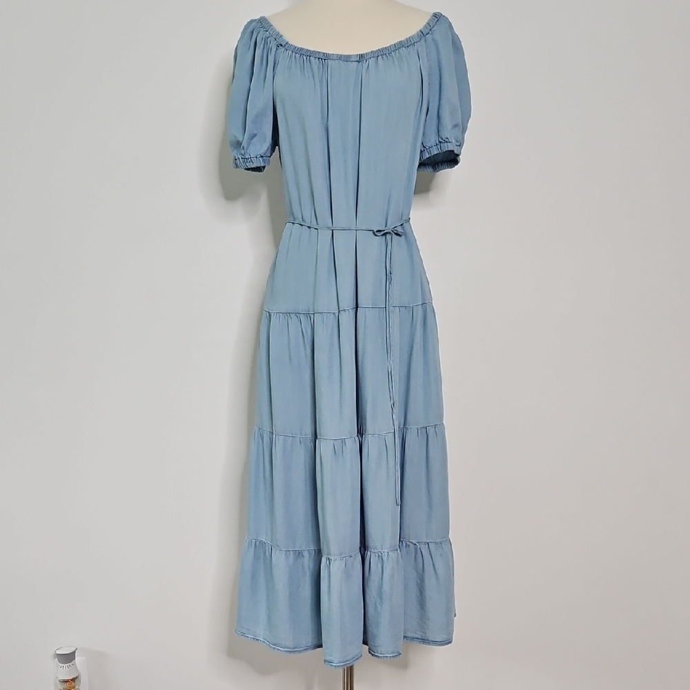 Off-the-shoulder Tiered Chambray Dress‎ Lightweight Prarie Size Small